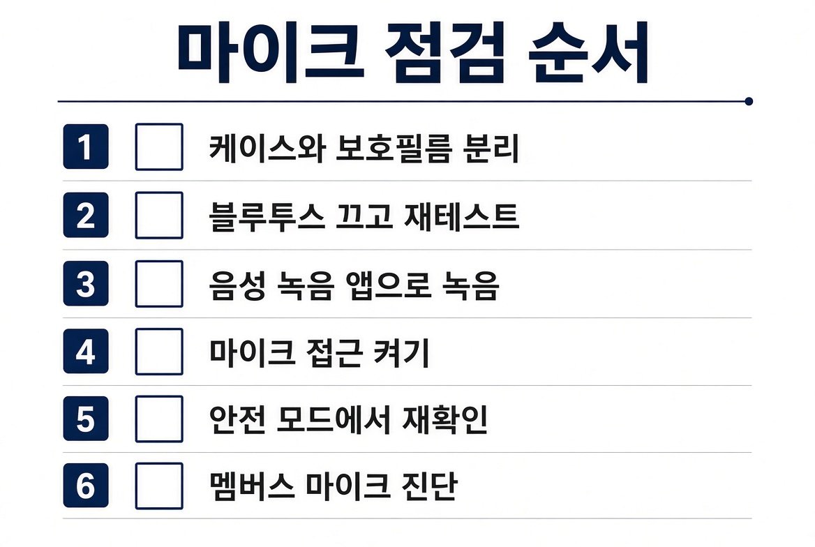 마이크 점검 순서 체크리스트: 케이스 분리, 블루투스 해제, 음성 녹음, 마이크 접근, 안전 모드, 멤버스 진단