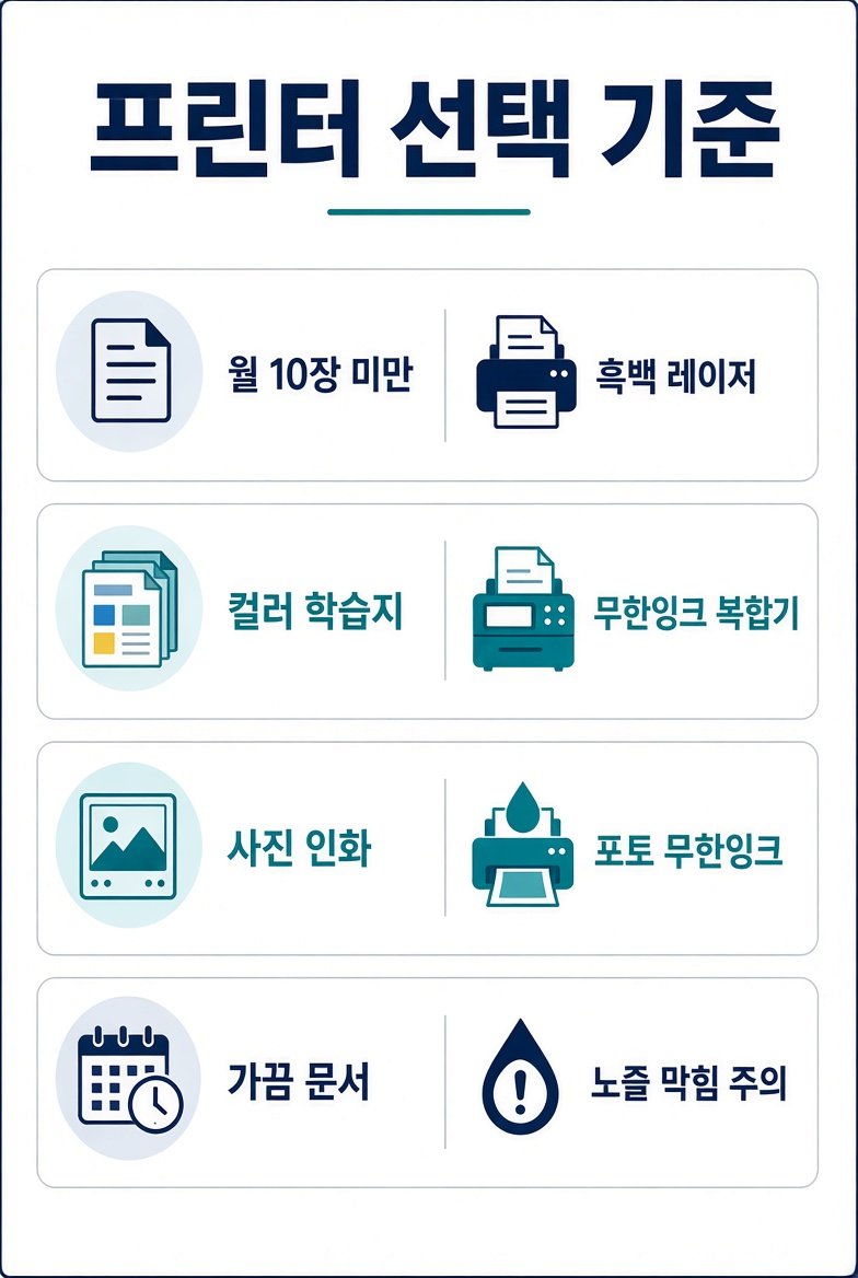 프린터 선택 기준 카드. 월 10장 미만은 흑백 레이저, 컬러 학습지는 무한잉크 복합기, 사진 인화는 포토 무한잉크, 가끔 문서는 노즐 막힘 주의