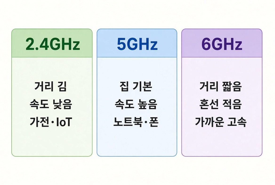 2.4GHz는 거리와 가전, 5GHz는 집 기본, 6GHz는 가까운 고속으로 나눈 비교 카드