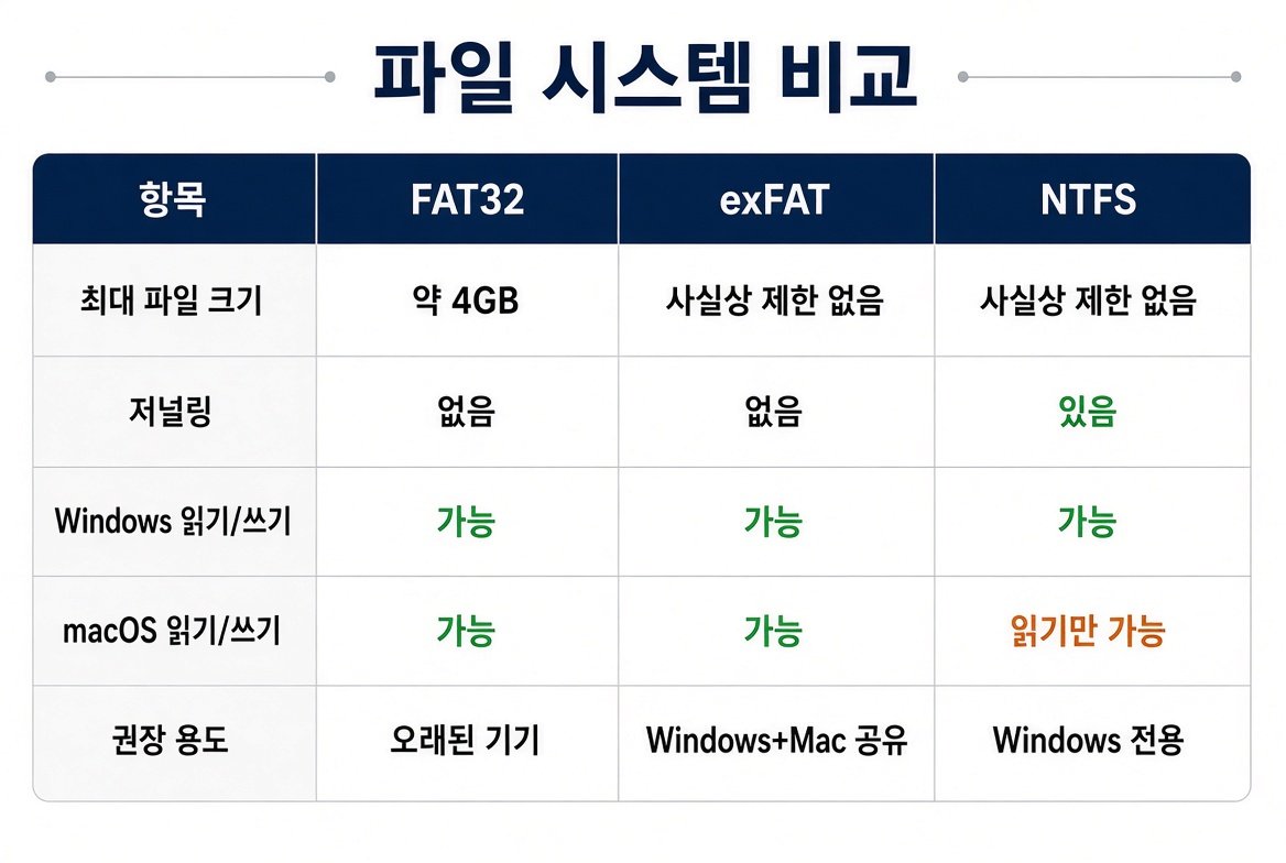 FAT32 exFAT NTFS 비교표