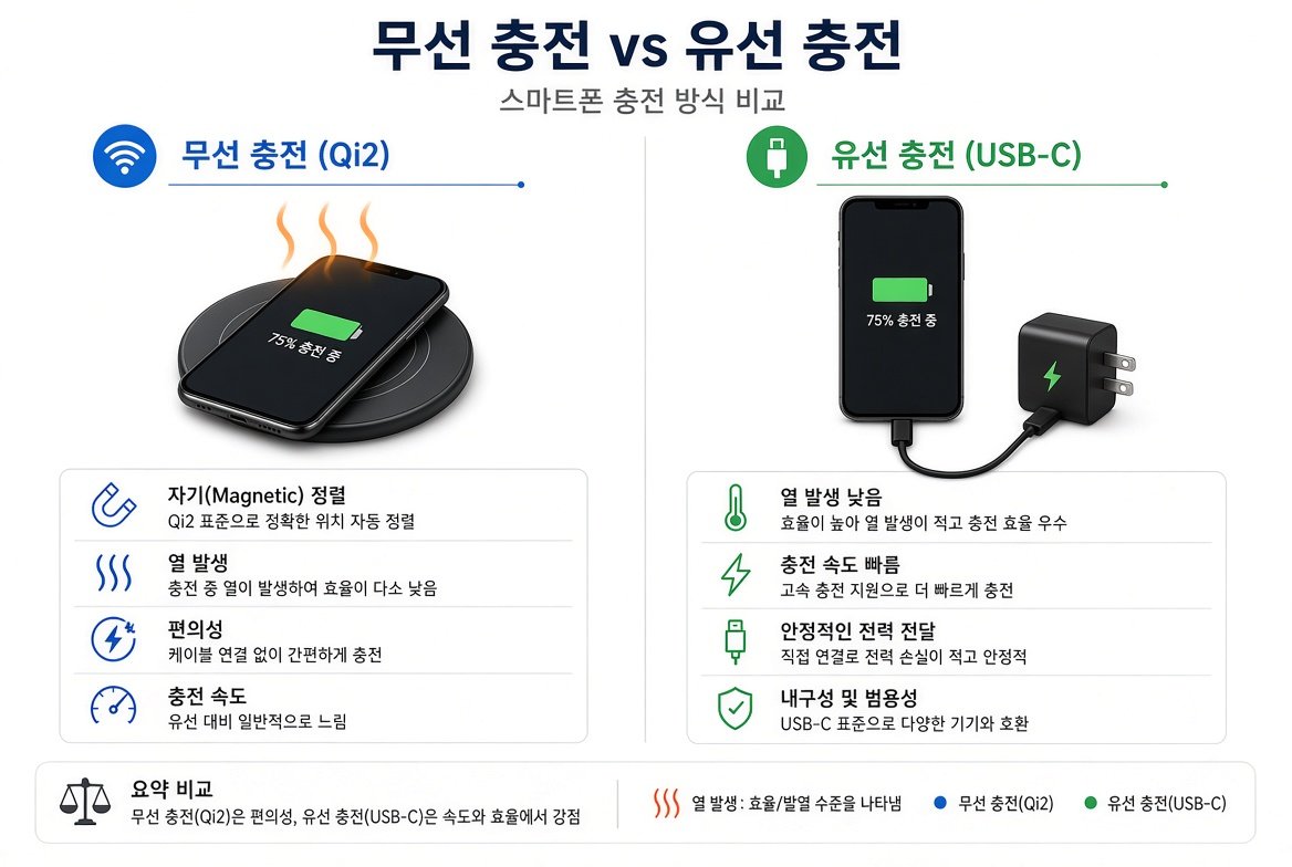 무선 충전(Qi2)과 유선 충전(USB-C) 비교 요약