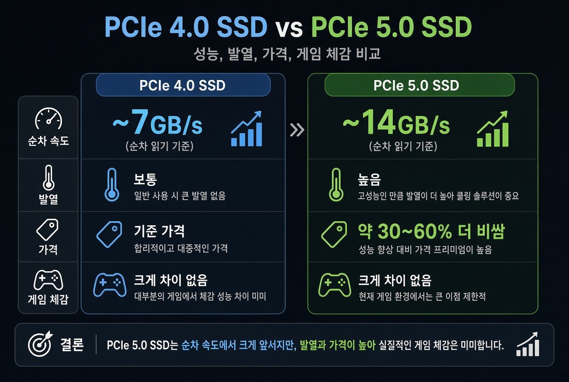 PCIe 4.0 SSD vs PCIe 5.0 SSD 순차 속도 발열 가격 게임 체감 비교