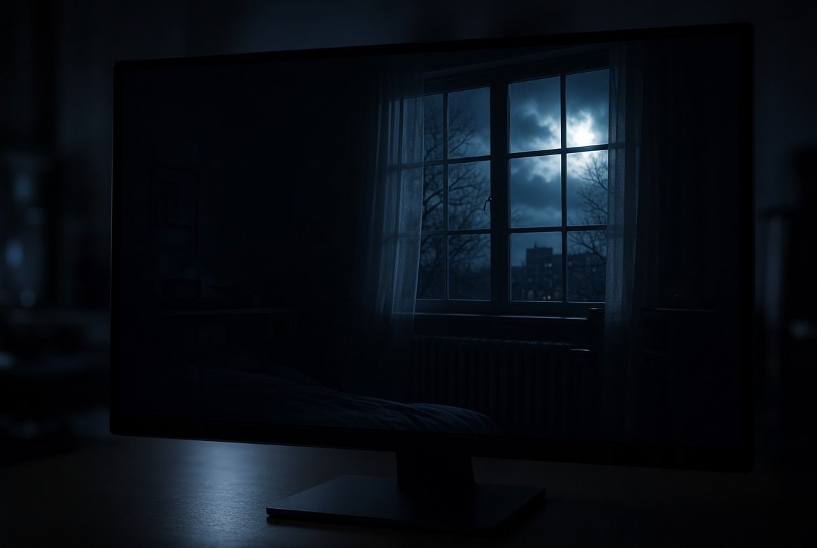 어두운 방의 밤 창가 장면을 보여주는 모니터. 검은 영역과 밝은 창의 대비가 드러난다