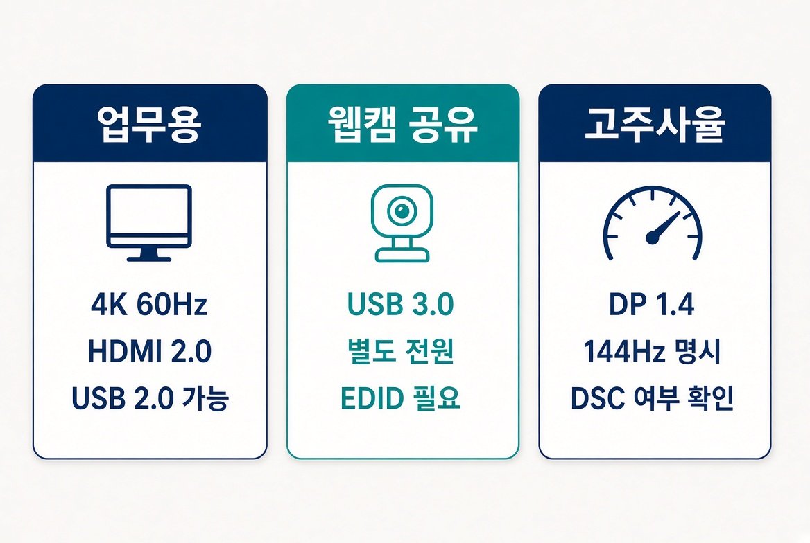상황별 KVM 기준. 업무용은 4K 60Hz, HDMI 2.0, USB 2.0 가능. 웹캠 공유는 USB 3.0, 별도 전원, EDID 필요. 고주사율은 DP 1.4, 144Hz 명시, DSC 여부 확인