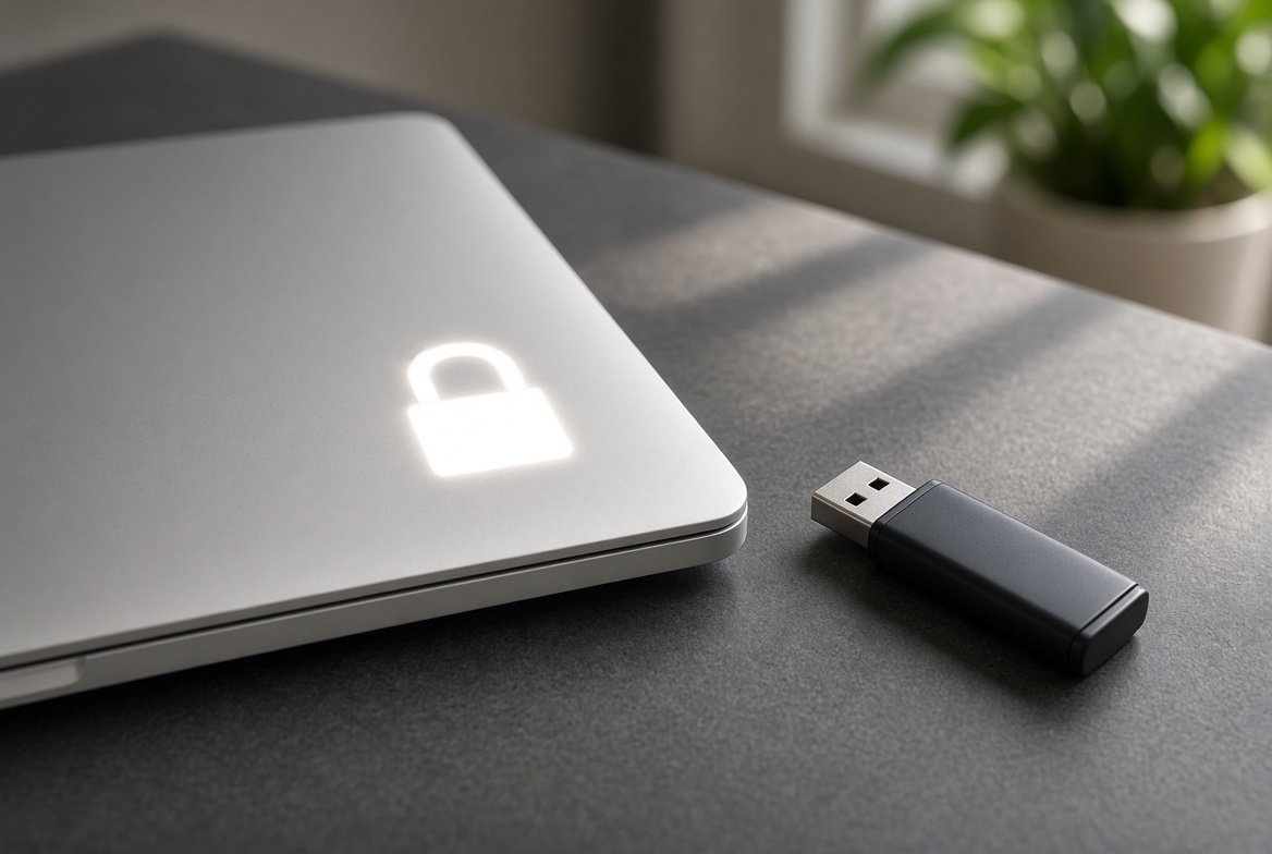 자물쇠 불빛이 비친 노트북과 옆에 놓인 USB 메모리