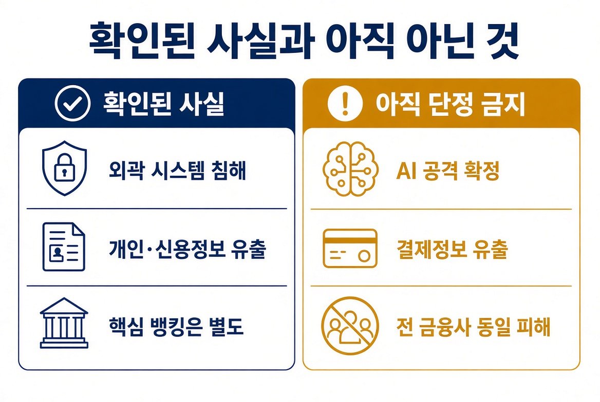 확인된 사실과 아직 단정하면 안 되는 항목을 나눈 표. 왼쪽은 외곽 시스템 침해와 개인·신용정보 유출, 오른쪽은 AI 공격 확정과 결제정보 유출.