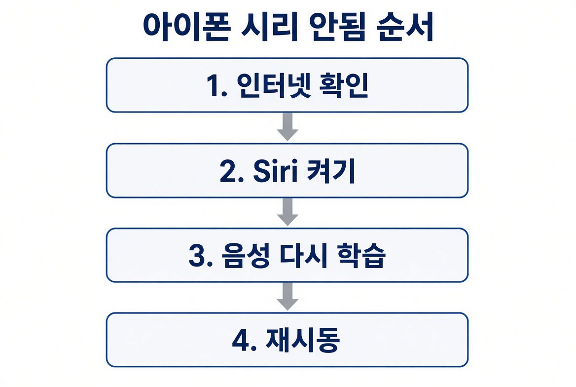 아이폰 시리 안됨 순서. 인터넷 확인, Siri 켜기, 음성 다시 학습, 재시동.