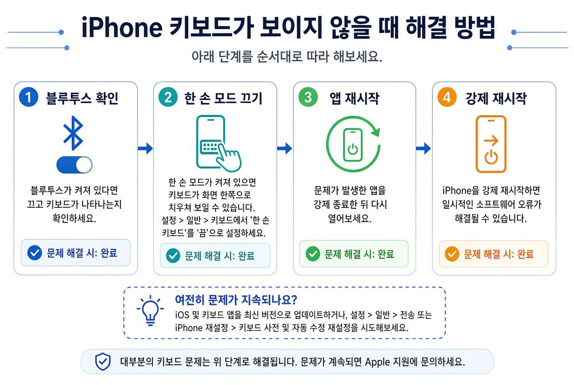 아이폰 키보드 안 나옴 해결 순서도: 블루투스, 한 손 모드, 앱 재시작, 강제 재시작