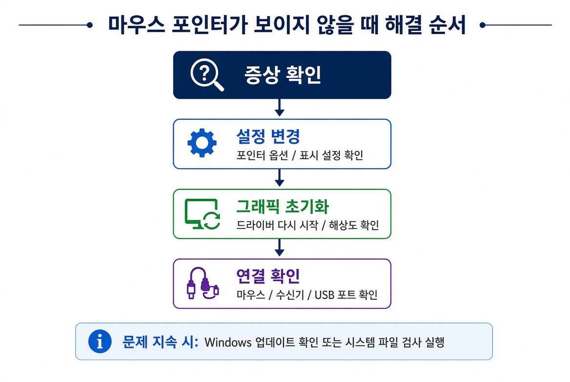 Windows 11 마우스 포인터가 안 보일 때 해결 순서 흐름도