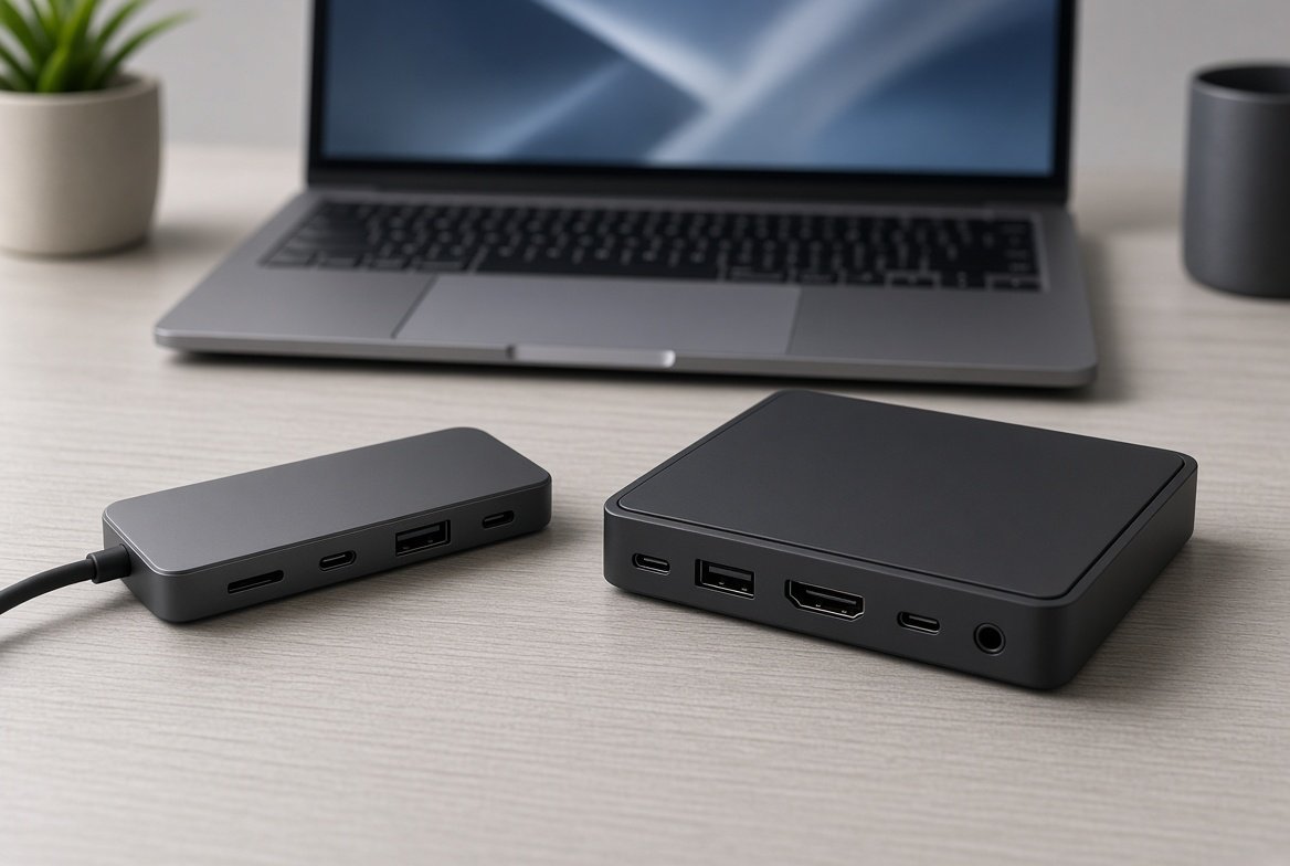 휴대용 USB-C 허브와 고정형 도킹 스테이션을 나란히 비교한 모습