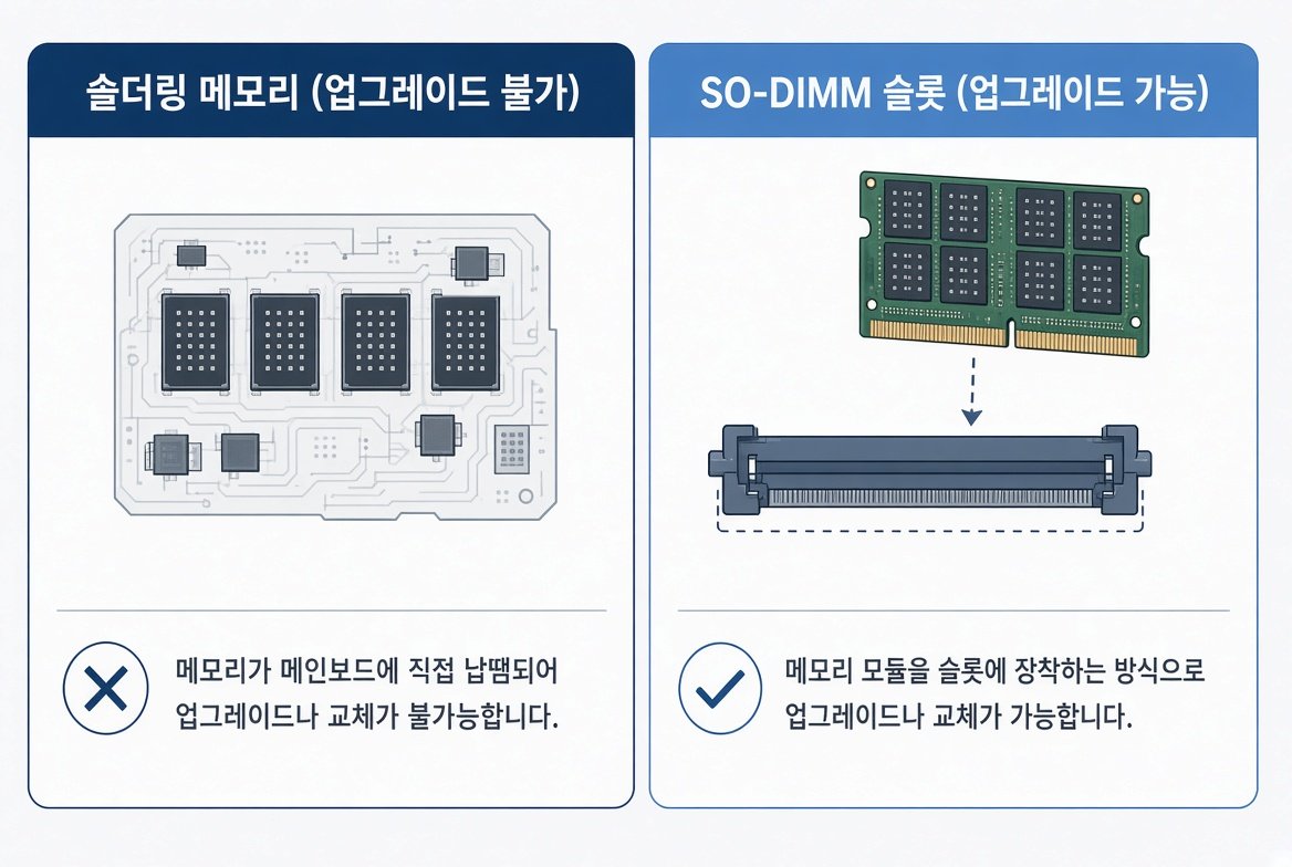업그레이드 불가능한 솔더링 메모리와 가능한 SO-DIMM 슬롯 비교 그림