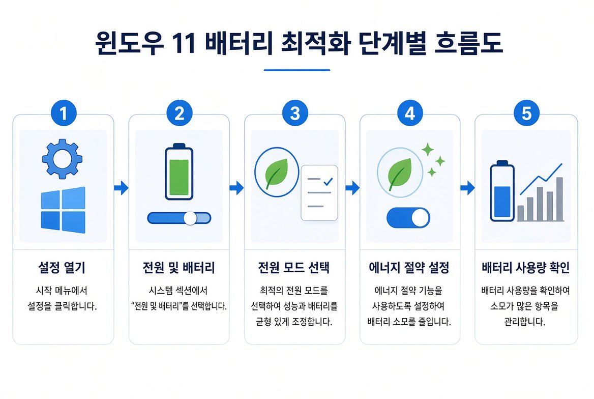 Windows 11 배터리 최적화 단계별 흐름도: 설정 열기부터 배터리 사용량 확인까지