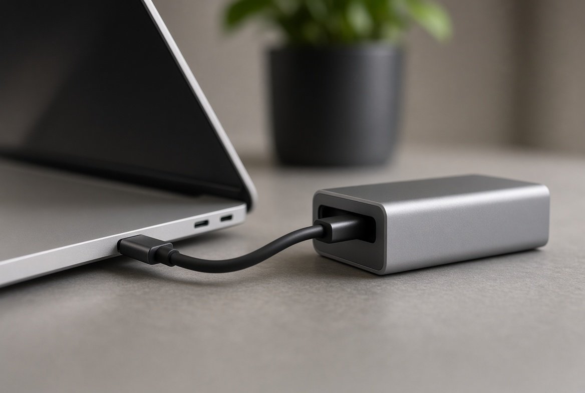 노트북 USB-C 포트에 연결된 알루미늄 외장 NVMe 케이스