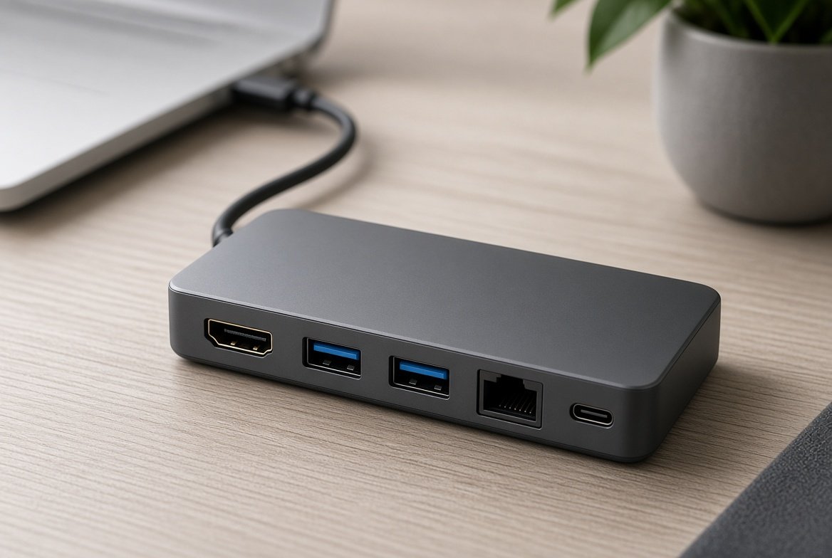 HDMI, USB-A, 이더넷, USB-C 포트가 보이는 USB-C 도킹 스테이션 클로즈업