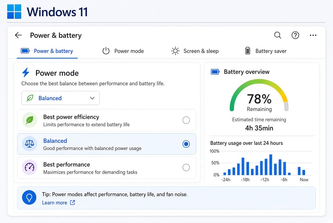 Windows 11 전원 및 배터리 설정 화면 예시
