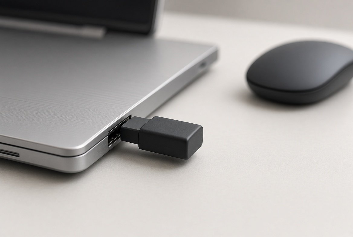 노트북 USB 포트에 꽂힌 무선 수신기와 뒤쪽에 놓인 마우스