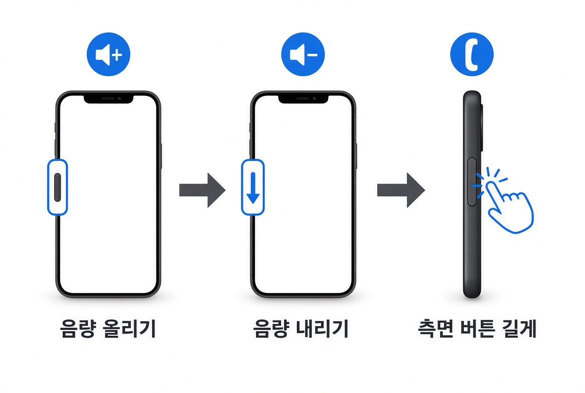 아이폰 강제 재시작 버튼 순서: 음량 올리기, 음량 내리기, 측면 버튼