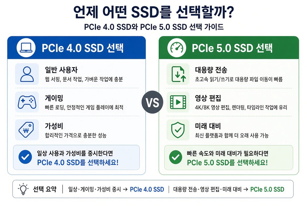 PCIe 4.0 SSD와 PCIe 5.0 SSD 선택 가이드 인포그래픽