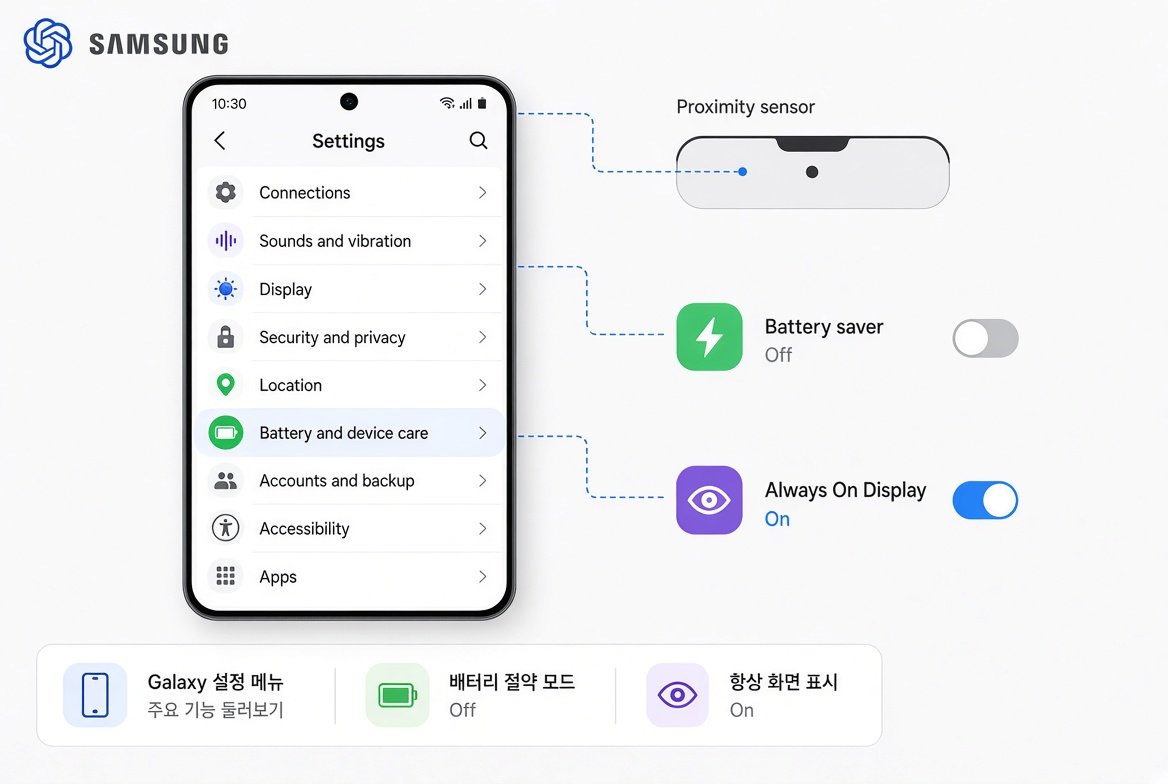갤럭시 설정에서 절전 모드와 Always On Display 토글 개념도