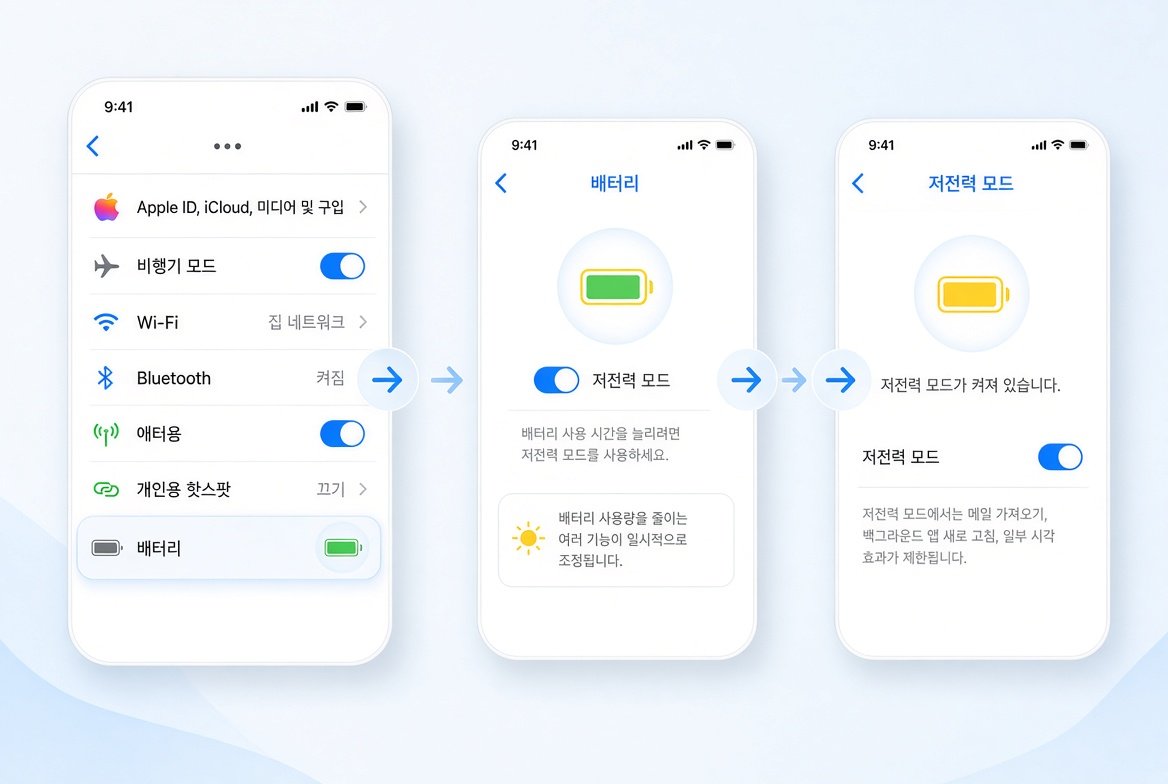 아이폰 설정에서 저전력 모드 확인하는 화면 경로