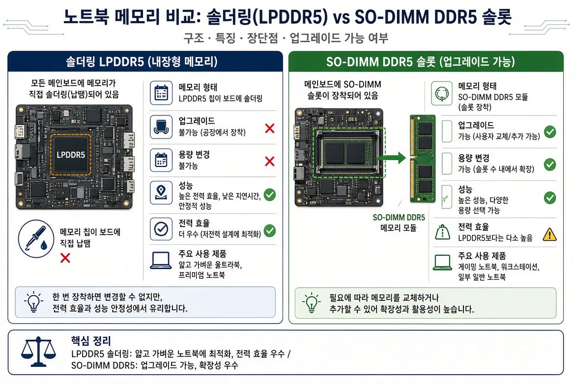 노트북 솔더링 LPDDR5와 SO-DIMM DDR5 슬롯 비교 인포그래픽