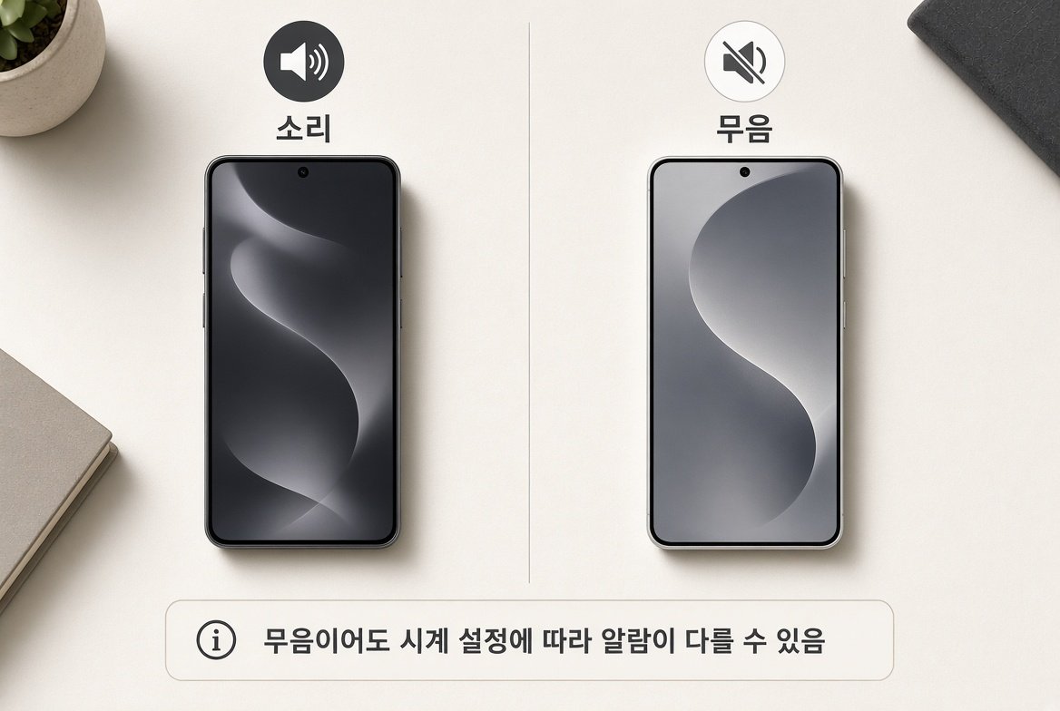 소리 모드와 무음 모드 스마트폰 비교. 하단 문구는 무음이어도 시계 설정에 따라 알람이 다를 수 있음.