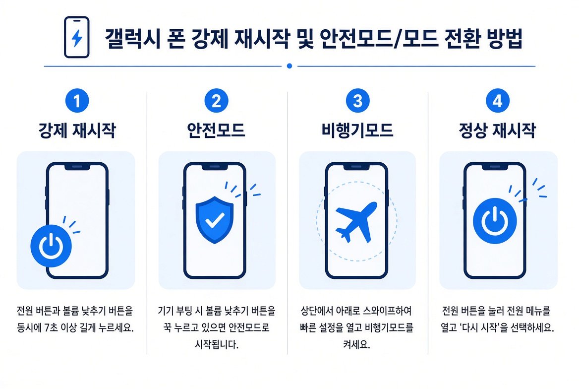 갤럭시 강제 재시작, 안전모드, 비행기모드, 정상 재시작 단계 안내 이미지