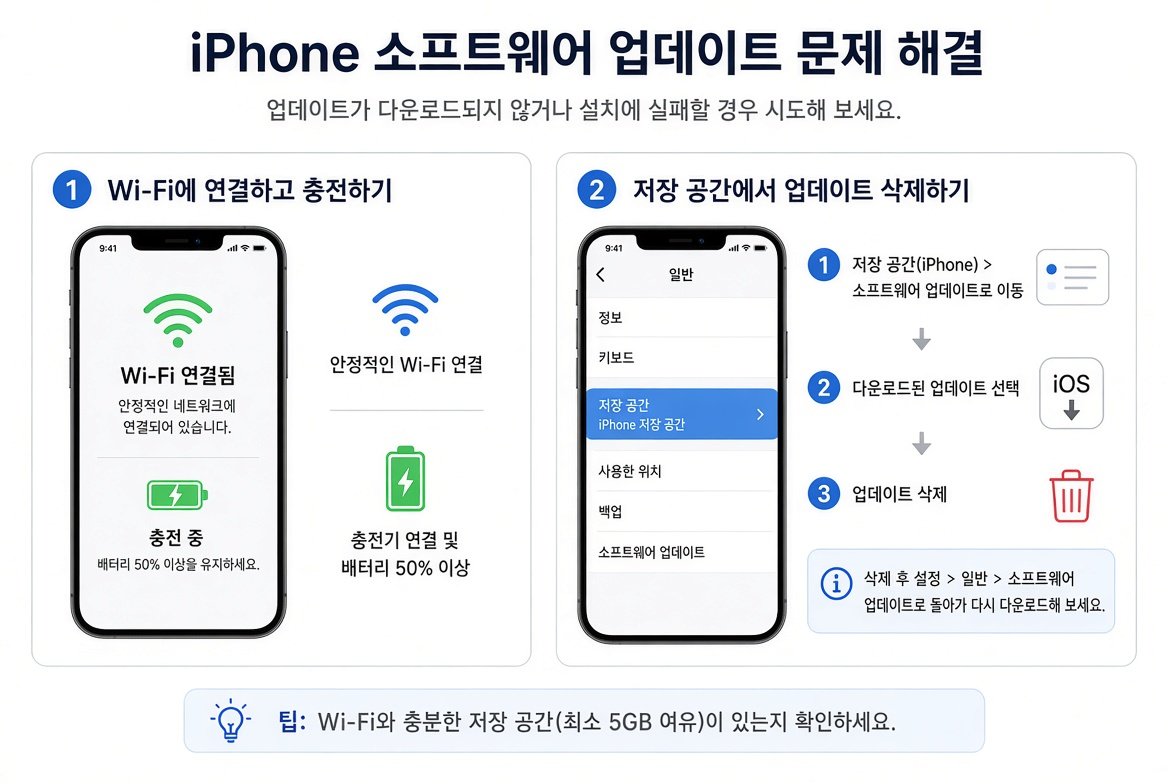 아이폰 업데이트 문제 해결 단계: Wi-Fi 연결과 저장공간에서 업데이트 삭제