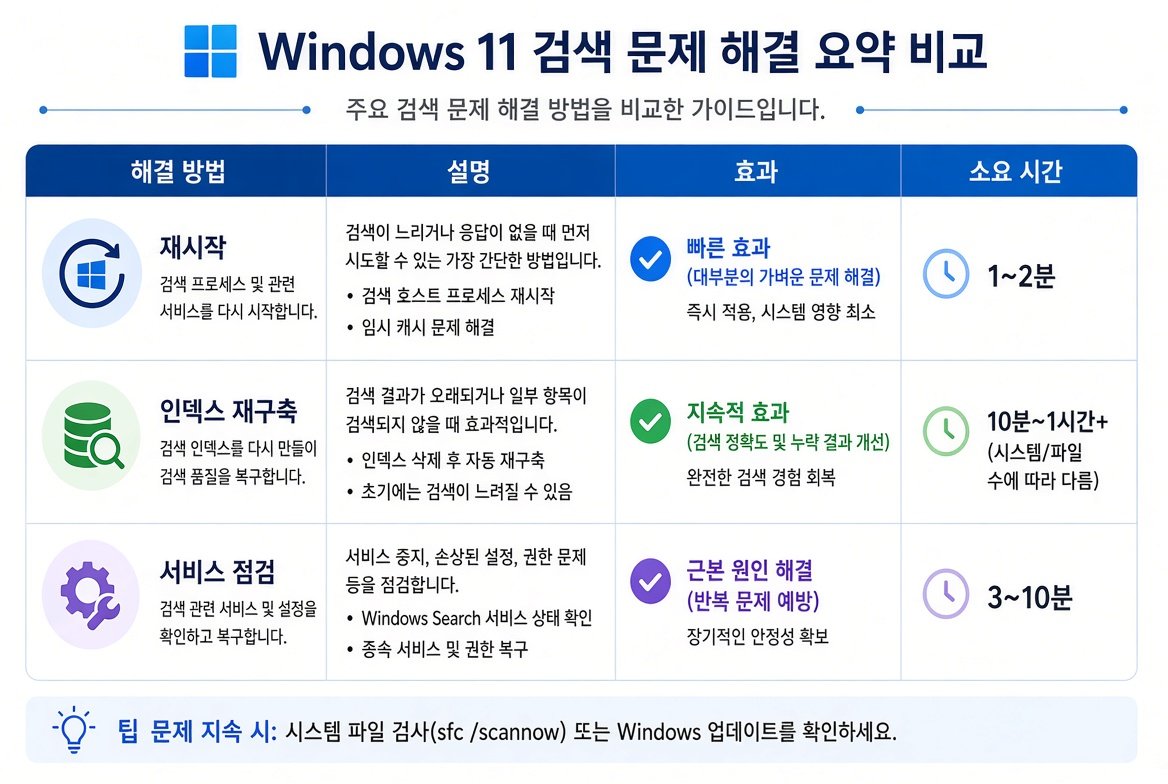 Windows 11 검색 문제 해결 방법 요약 비교