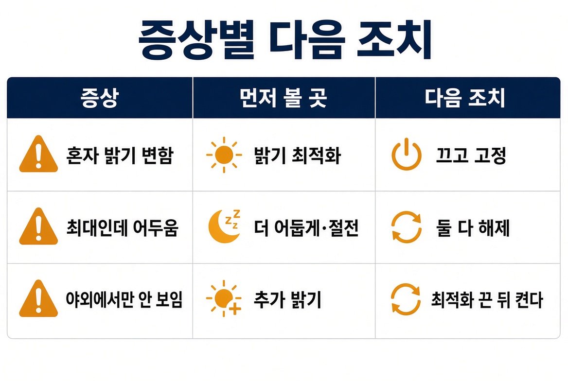 혼자 밝기가 변함, 최대인데 어두움, 야외에서만 안 보임에 따른 다음 조치 표