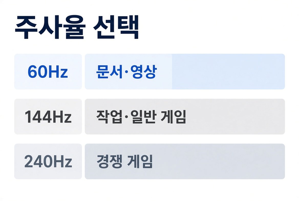 주사율 선택 표. 60Hz는 문서·영상, 144Hz는 작업·일반 게임, 240Hz는 경쟁 게임으로 적혀 있다.