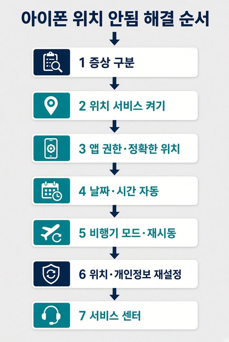 아이폰 위치 안됨 해결 순서 7단계 인포그래픽