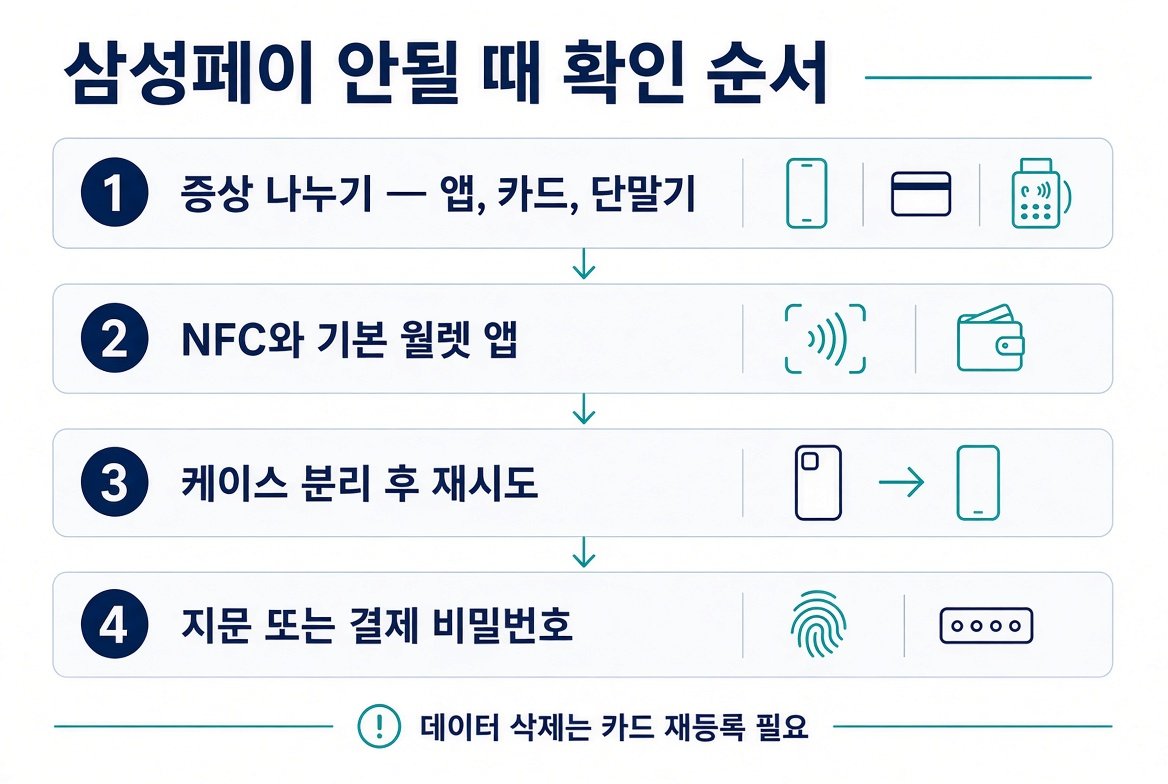 삼성페이 안될 때 확인 순서를 증상 나누기, NFC와 기본 월렛 앱, 케이스 분리, 지문 또는 결제 비밀번호 네 단계로 정리한 도해