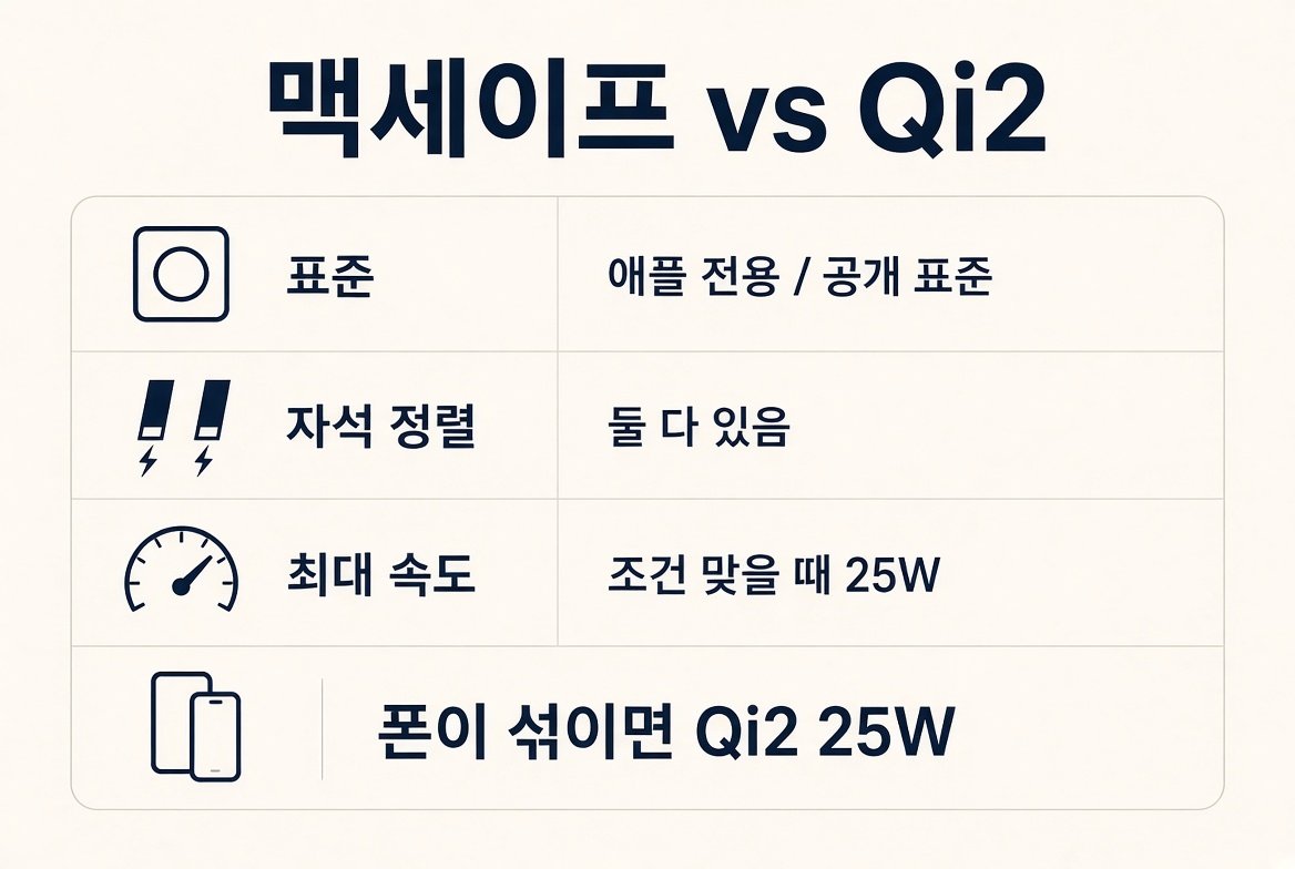 맥세이프 vs Qi2 비교 카드. 표준, 자석 정렬, 조건 충족 시 25W, 폰이 섞이면 Qi2 25W