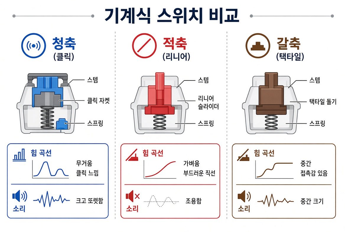 기계식 스위치 청축 적축 갈축 내부 구조 비교 도해