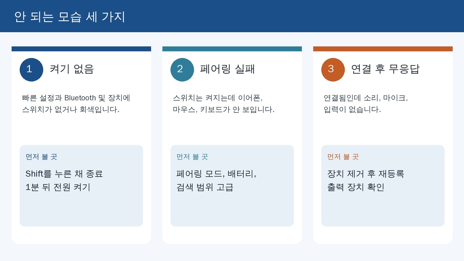 Windows 11 블루투스 안됨을 켜기 없음, 페어링 실패, 연결 후 무응답으로 나눈 도해