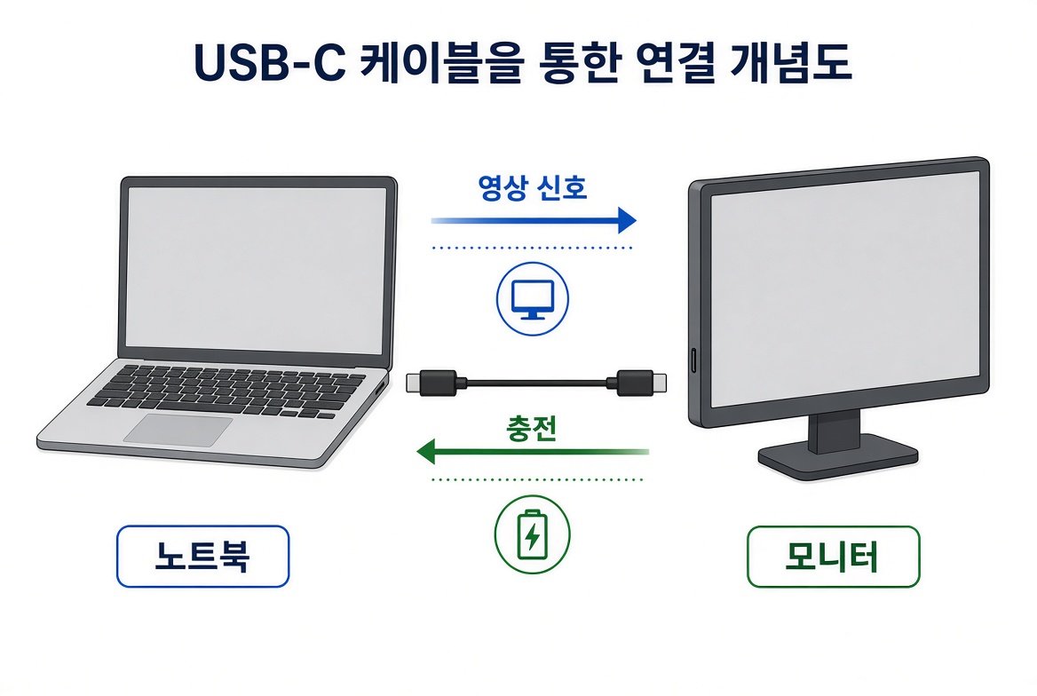 USB-C 영상 신호와 충전 동시 전송 개념도